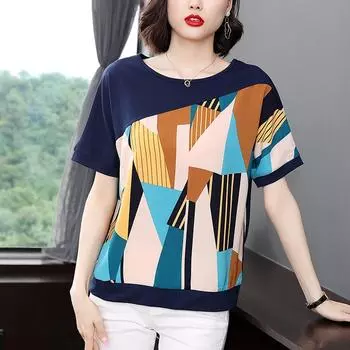 2024 летняя новая свободная футболка с короткими рукавами, женская большая футболка, закрывающая живот, и модная футболка для мам среднего возраста M синий