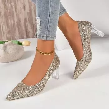 2024 Летняя новая верхняя одежда Большие размеры Туфли с коротким носком для женщин Остроконечные блестящие универсальные туфли с кристаллами на высоком каблуке для женщин 35 золотой