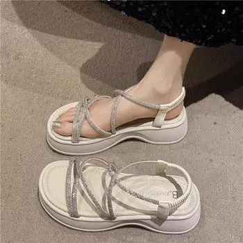 2024 летняя новая верхняя одежда, босоножки на платформе со стразами, женские босоножки с перекрестными ремешками, эластичные, на высоком каблуке, с тонкими ремешками 35