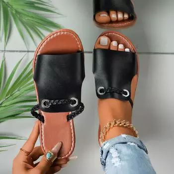 2024 Летняя новая верхняя одежда для женщин, большие тапочки, модные, с открытым носком, однотонные, сексуальные, универсальные, удобные, женские туфли 36 чёрный