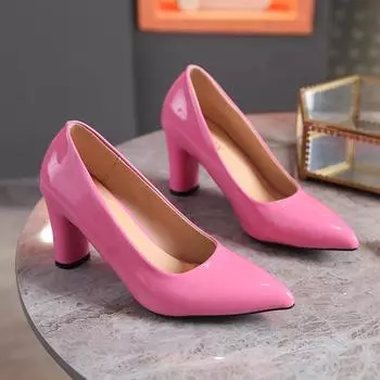 2024 Летняя новая верхняя одежда для женщин на большом каблуке, однотонные, с острым носком, универсальные, удобные, однотонные туфли для женщин 35 чёрный