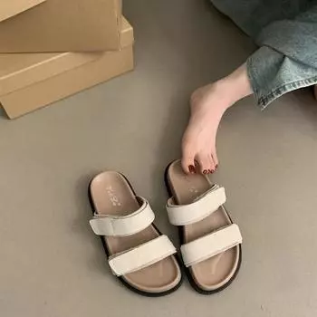 2024 летняя новая верхняя одежда на липучках fairy wind, одно слово, женские повседневные тапочки с толстым дном, корейская версия пляжных классных тапочек 35 верблюд