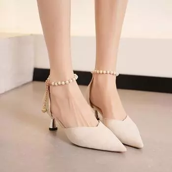 2024 Летняя новая верхняя одежда женские туфли на высоком каблуке из кожи однотонные жемчужные цепочки универсальные удобные туфли с неглубоким носком 33