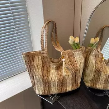 2024 летняя новая вертикальная полосатая соломенная сумка высокого класса для отпуска, портативная плетеная сумка, повседневная пляжная сумка через плечо 42*15*28 бежевый