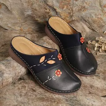 2024 летняя новая женская обувь большого размера полые женские босоножки с цветочным принтом на танкетке женские классные тапочки 35 чёрный