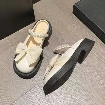 2024 Летняя новая женская обувь, модные тапочки с бантом на толстом каблуке для женщин, винтажные туфли в британском стиле с жемчугом для женщин 35