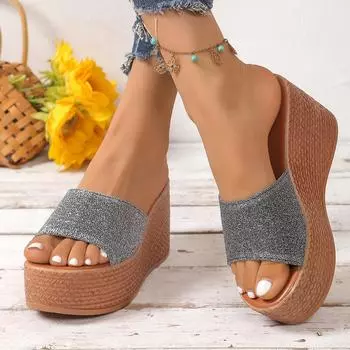 2024 летняя новая женская обувь muffin на толстой подошве женские классные тапочки одно слово повседневная увеличивающая рост верхняя одежда сандалии мода 34 золотой