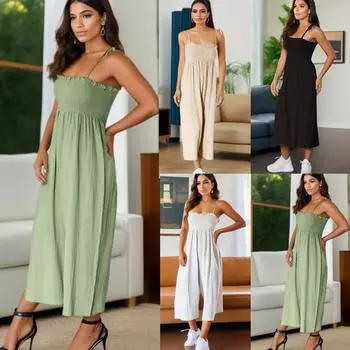2024 летняя новая женская одежда в европейском и американском стиле с высокой талией, чистый цвет, плиссированный комбинезон без рукавов на тонких бретельках S белый
