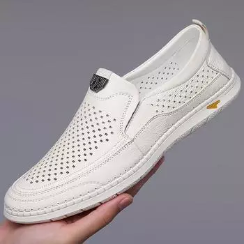 2024 Летняя обувь для мужчин Сандалии из натуральной кожи Новые открытые мокасины без застежек Модная дышащая кожаная повседневная обувь 38 чёрный