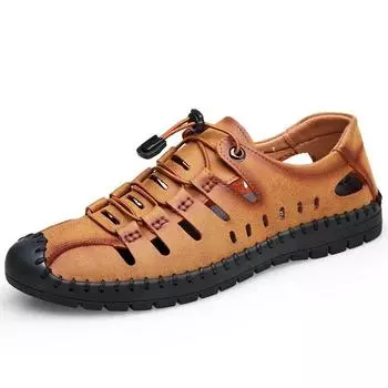 2025 Летняя обувь Мужские сандалии Натуральная кожа Плоская нескользящая летняя праздничная мужская обувь Черный Желтый 39 чёрный