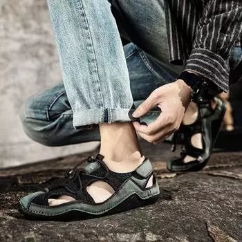 2025 Летняя обувь Мужские сандалии Плоские нескользящие Праздничная модная брендовая мужская обувь Черный Зеленый Большой размер 45 39 чёрный