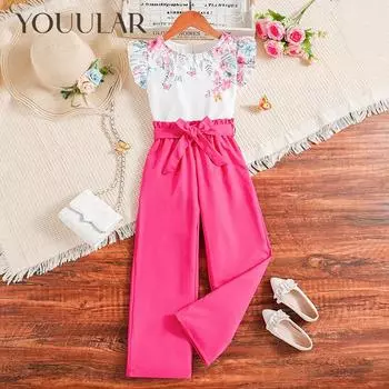 2024 летняя одежда для девочек 10–12 лет, новые топы с рукавами-лепестками + длинные штаны, комплекты из 2 предметов, детская одежда