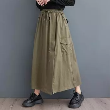 2024 летняя однотонная юбка армейского зеленого цвета с карманами и инструментами, женская японская ретро-юбка, свободная юбка с высокой талией one size fits all армия зеленый