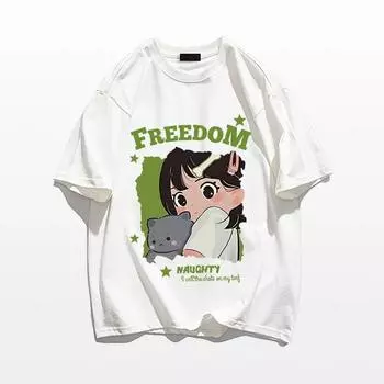 2024 летняя повседневная футболка большого размера из чистого хлопка, футболки с короткими рукавами, женские футболки в стиле Харадзюку с мультяшным аниме-принтом, топы для пары y2k, уличная одежда унисекс M белый