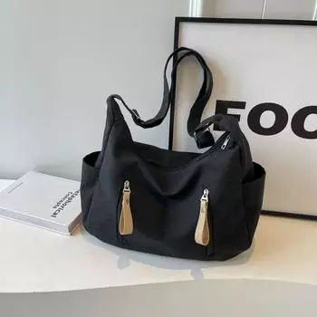 2024 летняя повседневная вместительная модная тканевая легкая сумка-мессенджер, новая модная однотонная сумка через плечо для поездок на работу чёрный