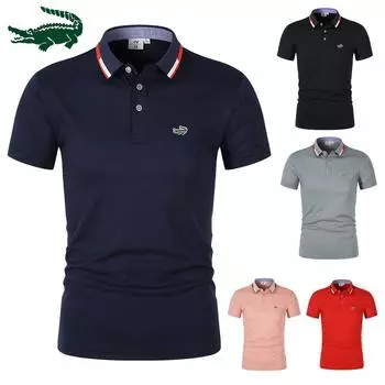 2024 летняя рубашка-поло с вышивкой, мужская рубашка-поло высокого качества, дышащий топ с короткими рукавами, деловая повседневная рубашка-поло для мужчин L чёрный