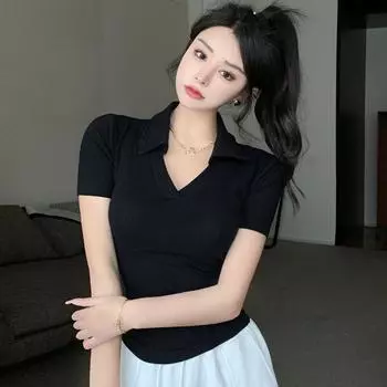 2024 летняя тонкая рубашка поло с v-образным вырезом, женская футболка с коротким рукавом и правым плечом, короткий модный топ One size белый