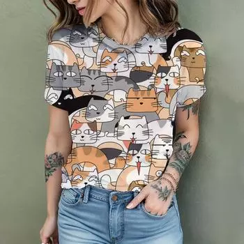 2024 летняя трендовая повседневная женская футболка с круглым вырезом, свободный топ с принтом кота в стиле хип-хоп, винтажная женская уличная футболка с коротким рукавом для пригородных поездок S