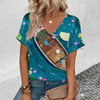 2024 Летняя удобная футболка для отдыха Женская элегантная футболка с V-образным вырезом Модная футболка с принтом лотоса в пруду Футболка большого размера S