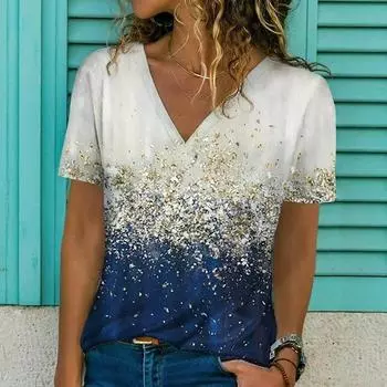 2024 Летняя винтажная футболка с V-образным вырезом на пуговицах, уличная повседневная модная свободная футболка с рукавом семь четвертей высокого качества с принтом S