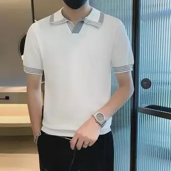 2024 Летняя высококачественная рубашка-поло из шелка Ice Silk контрастного цвета с V-образным вырезом L чёрный