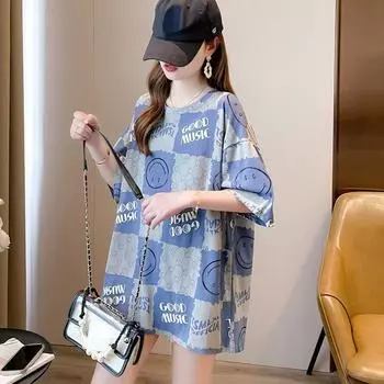 2024 летняя забавная футболка с графическим принтом и буквенным принтом, топы унисекс y2k, повседневные футболки большого размера с коротким рукавом, женская футболка в стиле Харадзюку, женская уличная одежда M синий