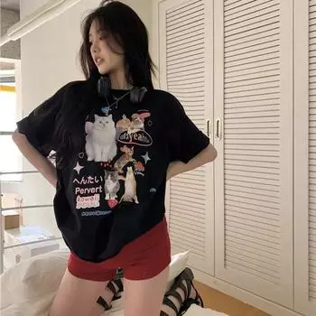 2024 летняя забавная футболка с рисунком кота и принтом y2k, топы, повседневные свободные футболки с короткими рукавами, женские футболки в стиле Харадзюку, белый, черный, женский уличный топ M чёрный