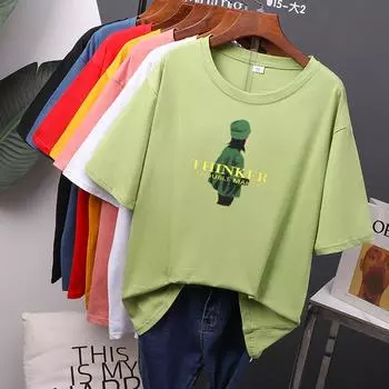 2024 летняя зеленая шляпа для девочек, женская футболка, новые летние хлопковые футболки большого размера с принтом, мягкая женская одежда, топы M чёрный