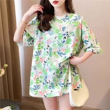 2024 летняя женская футболка большого размера в Корейском стиле с зеленым принтом и графическим топом y2k, длинная футболка Harajuku, одежда для подруги kawaii M зелёный