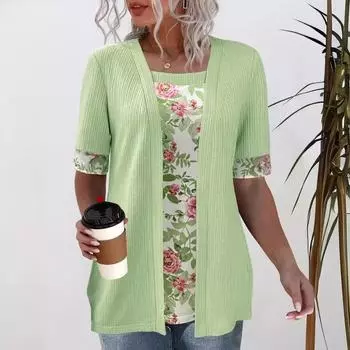 2024 Летняя женская футболка из двух частей с коротким рукавом с принтом XL светло-зеленый