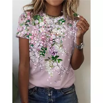 2024 Летняя женская футболка с 3D-принтом, цветочные повседневные топы с коротким рукавом, модные футболки с круглым вырезом для женщин, праздничные S