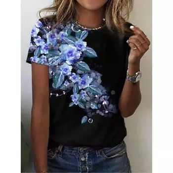 2024 Летняя женская футболка с цветочным принтом, повседневные топы с коротким рукавом, модные футболки с круглым вырезом для женщин, праздничные S