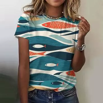 2024 Летняя женская футболка с круглым вырезом, модная 3D-печатная футболка с рисунком из мультфильмов, повседневная свободная футболка в стиле ретро с короткими рукавами S