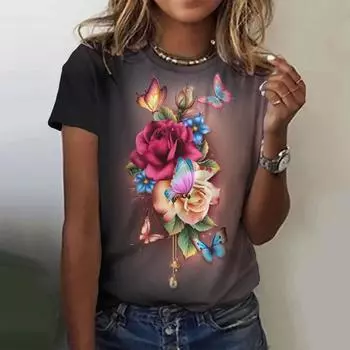 2024 Летняя женская футболка с круглым вырезом, модный 3D-принтованный цветочный узор, удобная свободная футболка с коротким рукавом S