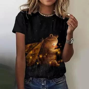 2024 Летняя женская футболка с рисунком из мультфильмов, модная свободная повседневная одежда с круглым вырезом и коротким рукавом, черная футболка S