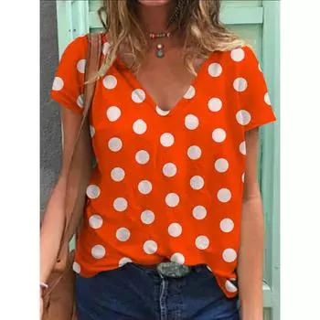2024 Летняя женская футболка свободного покроя с коротким рукавом и принтом в горошек, свободная рубашка с круглым вырезом, модная 3D-настройка S