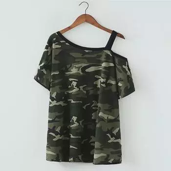 2024 Летняя женская камуфляжная футболка на одно плечо Slim Fit Loose с коротким рукавом S армия зеленый