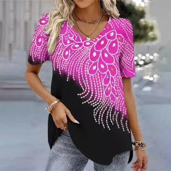 2024 Летняя женская модная футболка с роскошным узором и V-образным вырезом, топы, футболки, женская винтажная одежда с коротким рукавом, женская повседневная уличная одежда S