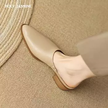 2024 Летняя женская обувь из натуральной кожи, женские сандалии с острым носком, однотонные современные сандалии для женщин, женские мюли на толстом каблуке 34 хаки