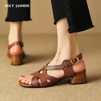 2024 Летняя женская обувь с квадратным носком и толстым каблуком, женские сандалии на высоком каблуке, женская обувь, повседневная кожаная обувь для женщин, натуральная кожа 34 шоколадный