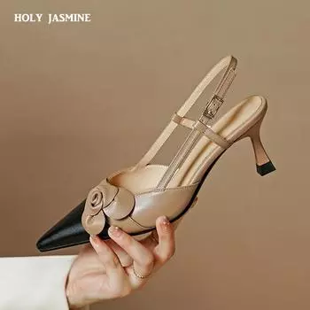 2024 Летняя женская обувь Туфли из коровьей кожи Женские босоножки с закрытым носком на тонком каблуке Женские туфли с открытой пяткой Женские сандалии с пряжками и цветами 34 хаки