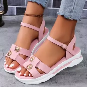 2024 Летняя женская обувь высокого качества, новые однотонные женские сандалии с открытым носком, женские сандалии на плоской подошве с одной линией на среднем каблуке и пряжкой 43 розовый