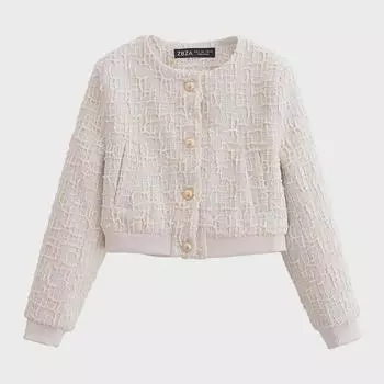 2024 Летняя женская однотонная текстурированная короткая куртка-пилот Large белый/кремовый