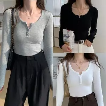 2024 Летняя женская повседневная тонкая хлопковая футболка с длинным рукавом и круглым вырезом, женская классическая футболка с пуговицами, женская винтажная однотонная футболка M серый