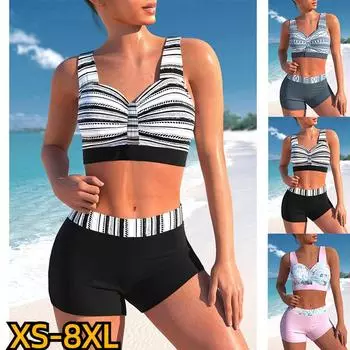 2024 Лето 3D Принты Бикини Женский Купальник Из Двух Частей Купальник Высокая Талия Винтажный Купальник Женский Свободный Размер Бикини Комплект 5XL розовый