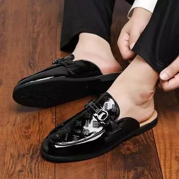 2024 Лето Британский стиль Повседневный Уличный Мужские Кожаные Мюли Туфли Модные Черные Белые Hombre Slip-On Повседневные Тапочки Размер 38-47 38 чёрный
