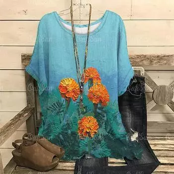 2024 Лето Цветочный Принт Женские Футболки С О-Образным Вырезом Повседневный Пуловер Свободные Короткие Рукава Футболка Оверсайз Женская Одежда S-4xl S