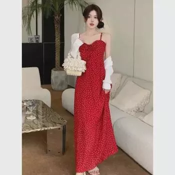 2024 Лето Корейское Красное Цветочное Платье На Подтяжках: Изящный, элегантный французский праздничный стиль L