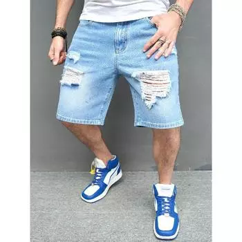 2024 Лето Мужские Пятиточечные Повседневные Трендовые Пирсинг Средние Штаны Поцарапанные Шорты 28 синий