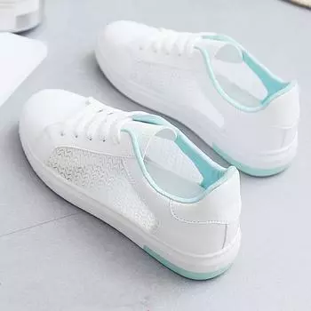 2024 Лето Новая мода Круглая Голова Однотонный Цвет Шнуровка Сетка Воздухопроницаемая Верхняя Одежда Женская Повседневная Плоская Подошва Одиночные Туфли Женские 35 синий